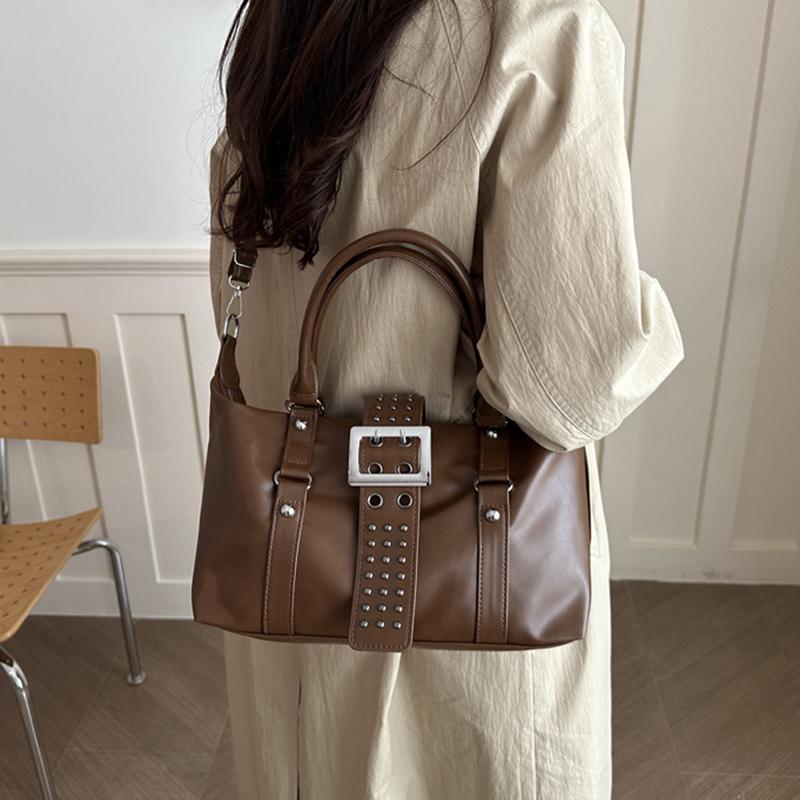 Yogodlns Women Y2K Bowling Handbag Retro Metal Buckle Design Shoulder Bag Vintage Faux Leather Detachable Strap Crossbody Bag for Shopper