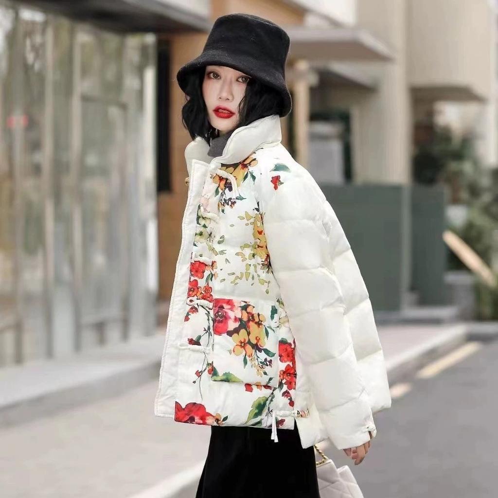 Ethnic style winter new warm jacket retro buckle loose printing short stand-up collar Chinese down jacket