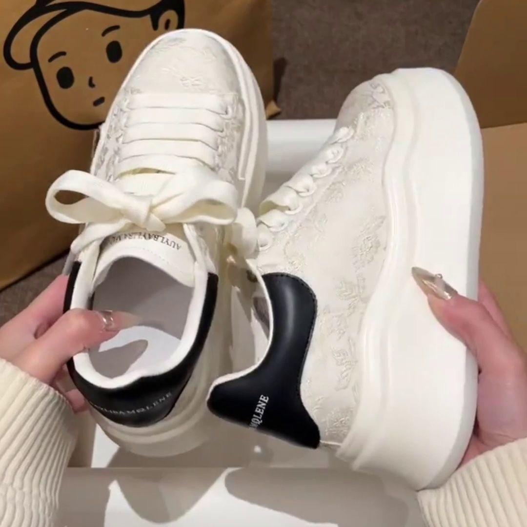 

Вышитые белые туфли с принтом, кроссовки, женские, новые, универсальные, повседневные туфли на платформе Muffin, туфли-лодочки 40 чёрный