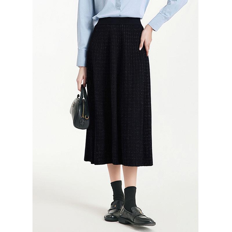 Elegant Women s French Hepburn Wool Knit Midi Pleated Skirt - Slimming 2025 Autumn/Winter Style XL чёрный