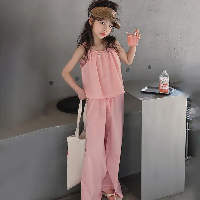 Girls' Summer Two-Piece: Suspender Top and Wide-Leg Pants - Lightweight Korean Style