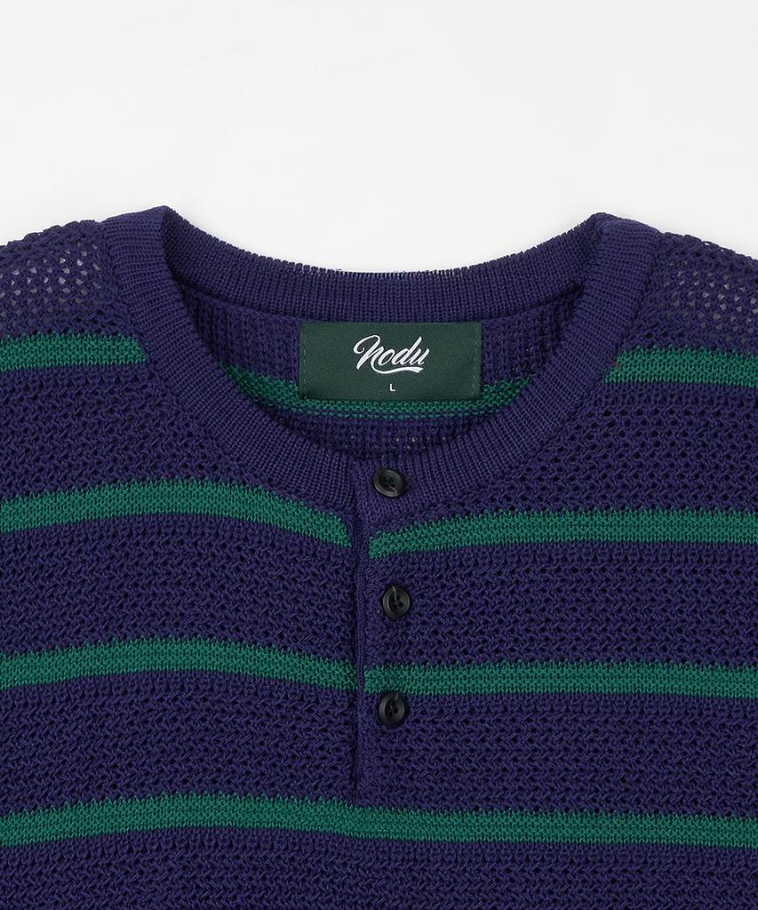 NODU Henley Neck Striped Short Sleeve Knit [Navy]