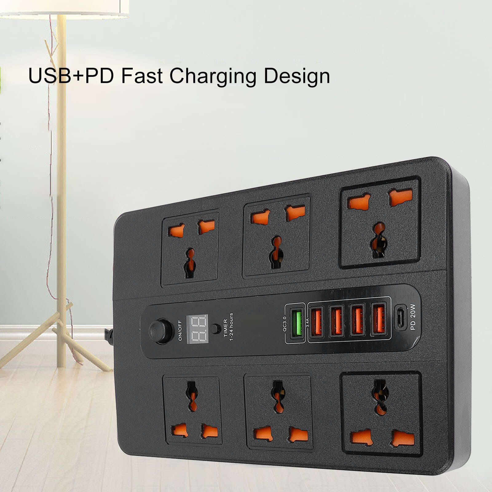 

Подовжувач 3000 Вт, 6 розеток змінного струму, 5 портів USB та порт швидкої зарядки PD20 Вт QC3.0, таймер-подовжувач розеток з дисплеєм