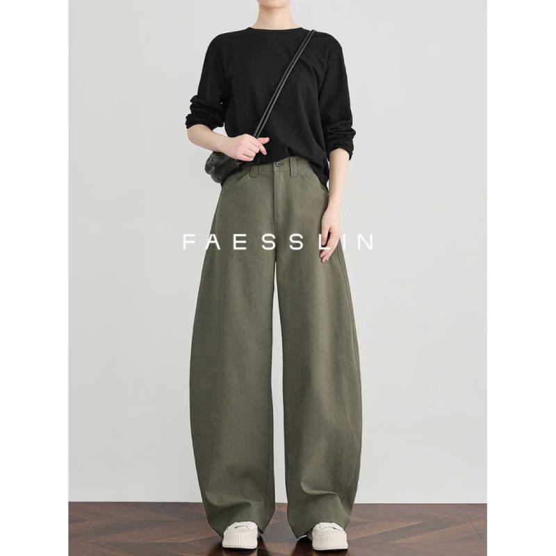 FAESSLIN Damen High-Waist Grüne Weitbeinige Bananenhose