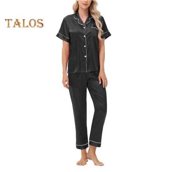 2-teiliges Pyjama-Set aus Satin, einreihig, Eisseide, Übergröße, Strickjacke, V-Ausschnitt, Reverskragen, einfarbiges Hemd, weites Bein, lockere Hose, Nachthemd