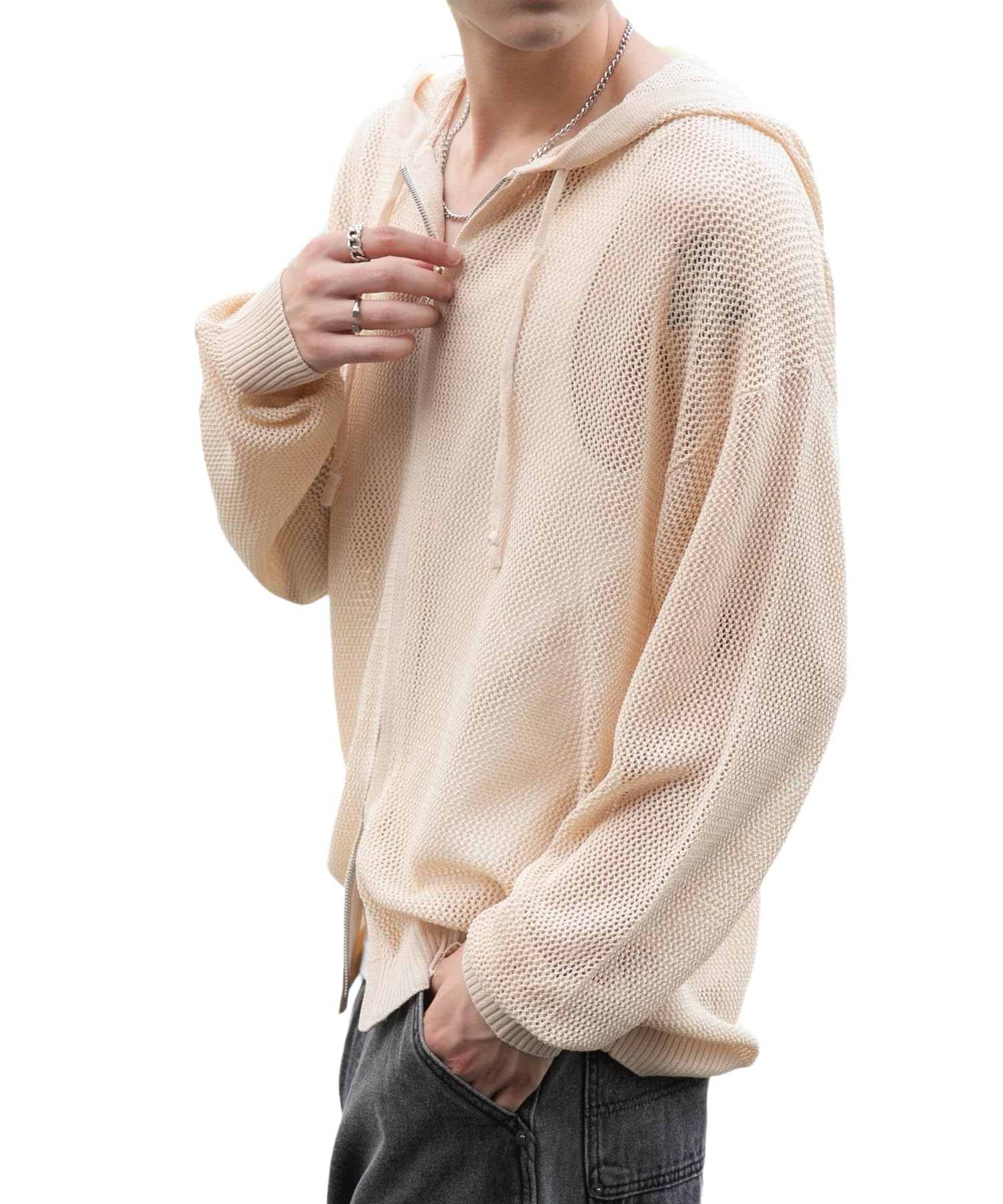 

WEGO Mesh Knit Zip Long Casual Perfect Gift for and Size Men s Hoodie, Sleeve, Autumn/Summer Top, Spring, Summer, Autumn, Winter, M, White/Ivory