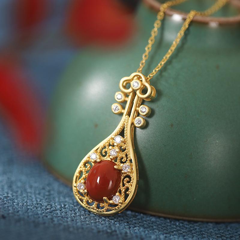S925Silver Southern Red Agate Classical Pipa Design Personalized Vintage Sweater Chain Women's Pendant Amulet Auspicious Hotan Jade