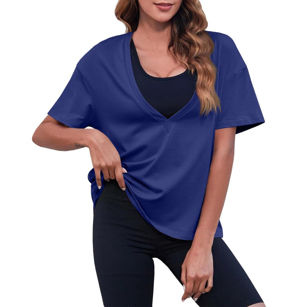 Women's New Summer Color Sexy Deep V-Neck T-Shirt Short Sleeve Casual Loose Basic Top