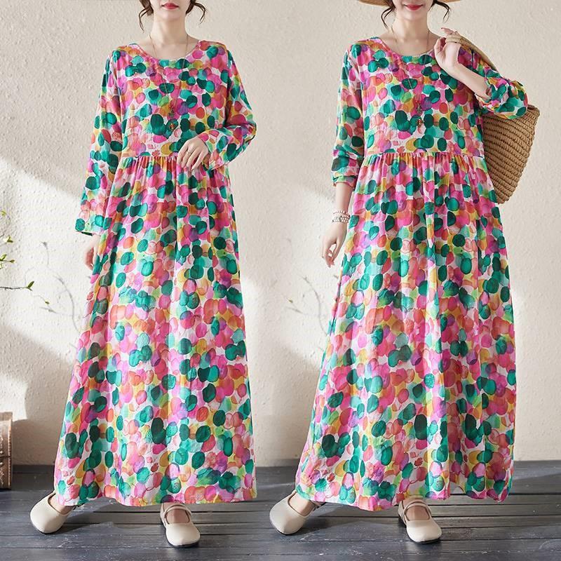 Johnature Frau Frühling O-Ausschnitt Vintage Stil Langarm Kleid Nischendruck Lose Casual Retro Kleid