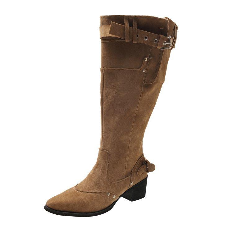 

Big tube circumference cow velvet long tube knight boots 2025 early autumn retro thick heel pointed belt buckle pleated pile boots women 42 хаки