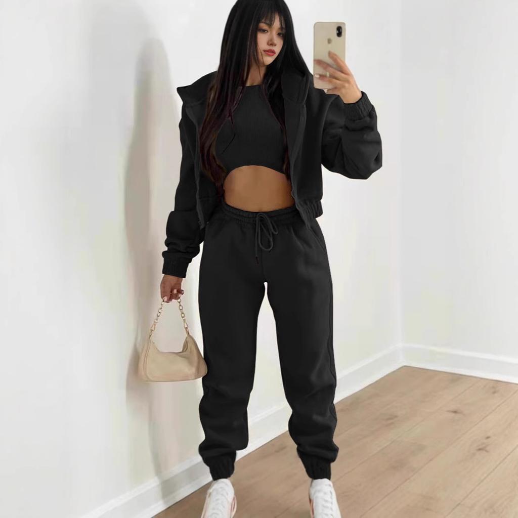 Women's Short Hooded Jacket and Jogger Pants Set in Beige