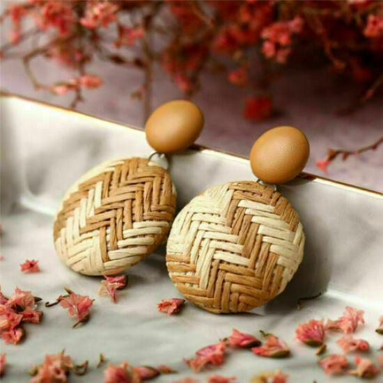 Wood Earrings Jewelry Bamboo Dangle Geometric Rattan Circle Women 2024 Fashion #6