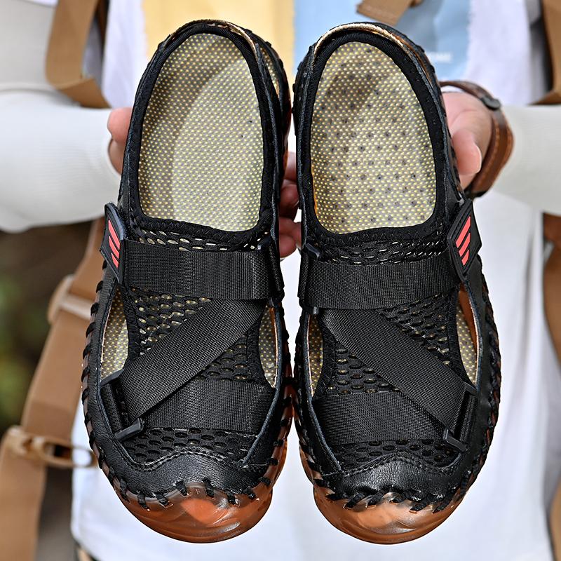 Men Hiking Sandals Outdoor Black Khaki Roman Sandals Wide Palm Closed Toe Sport Sandals Summer Beach Shoes for Father Plus Size EU:45