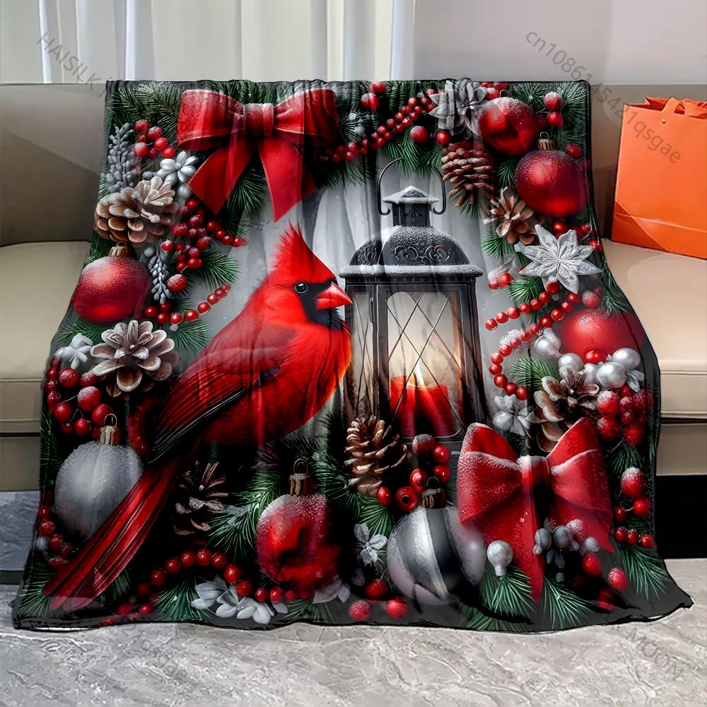 Festive Cardinal with Holiday Wreath Pattern Blanket Flannel Material Soft Warm for All Seasons Home Outdoor Camping Picnics RV