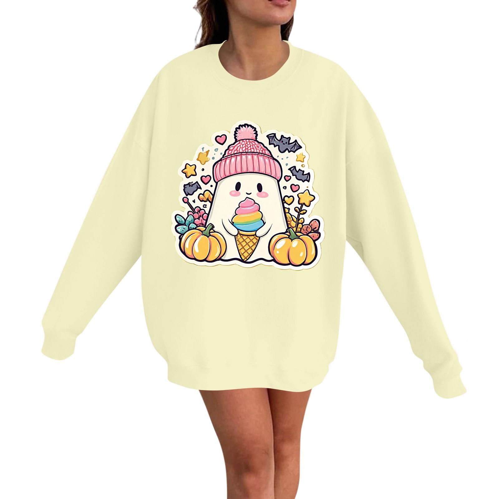 

Женский повседневный модный пуловер с длинным рукавом и принтом на Хэллоуин, с круглым вырезом L жёлтый