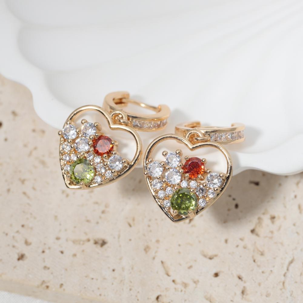 1 Pair Luxury Colorful Heart Shape Zirconia Dangle  Earrings for Women Golden Earring Jewelry Party Accessories