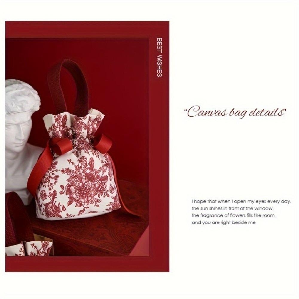 5pcs Elegant Red Velvet Drawstring Gift Bags with Floral Pattern & Ribbon Bow - Soft Reusable Canvas Bags for Jewelry, Candy