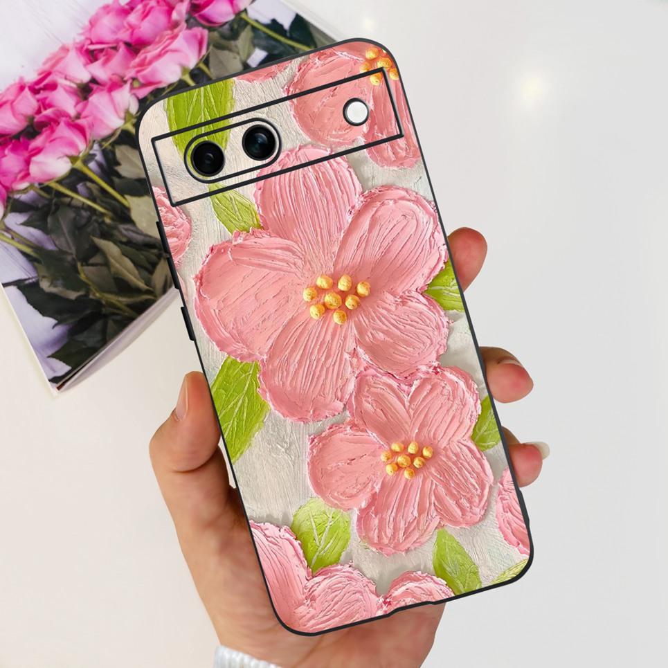 Black Matte Silicone Back Cover For Google Pixel 8A Painting Case Cartoon Lovely Cat Butterfly Flower Bumper Google 8A Soft Etui