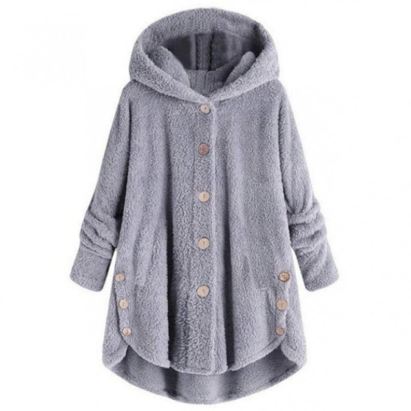 Autumn and Winter Fashion Women's Clothing European and American Style Button Plush Coat Irregular Plush Top Solid Color Coat