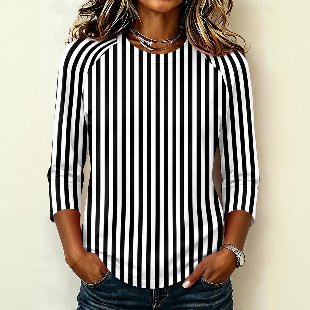 Damen Mode Lässig Bequem Raglanärmel Rundhals Dreiviertelärmel Gestreiftes Muster Pullover T-Shirt Oberteil