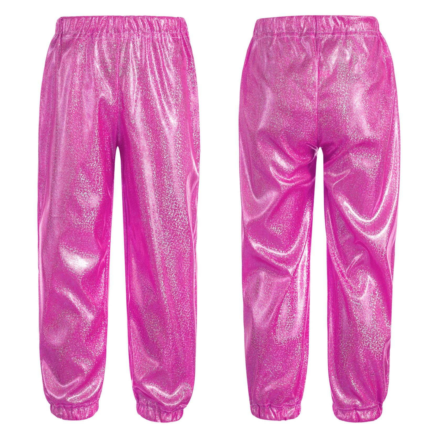 

Детские блестящие металлические штаны для мальчиков и девочек, блестящие брюки, детский сценический костюм для джазовых танцев 9-10 Years горячий розовый