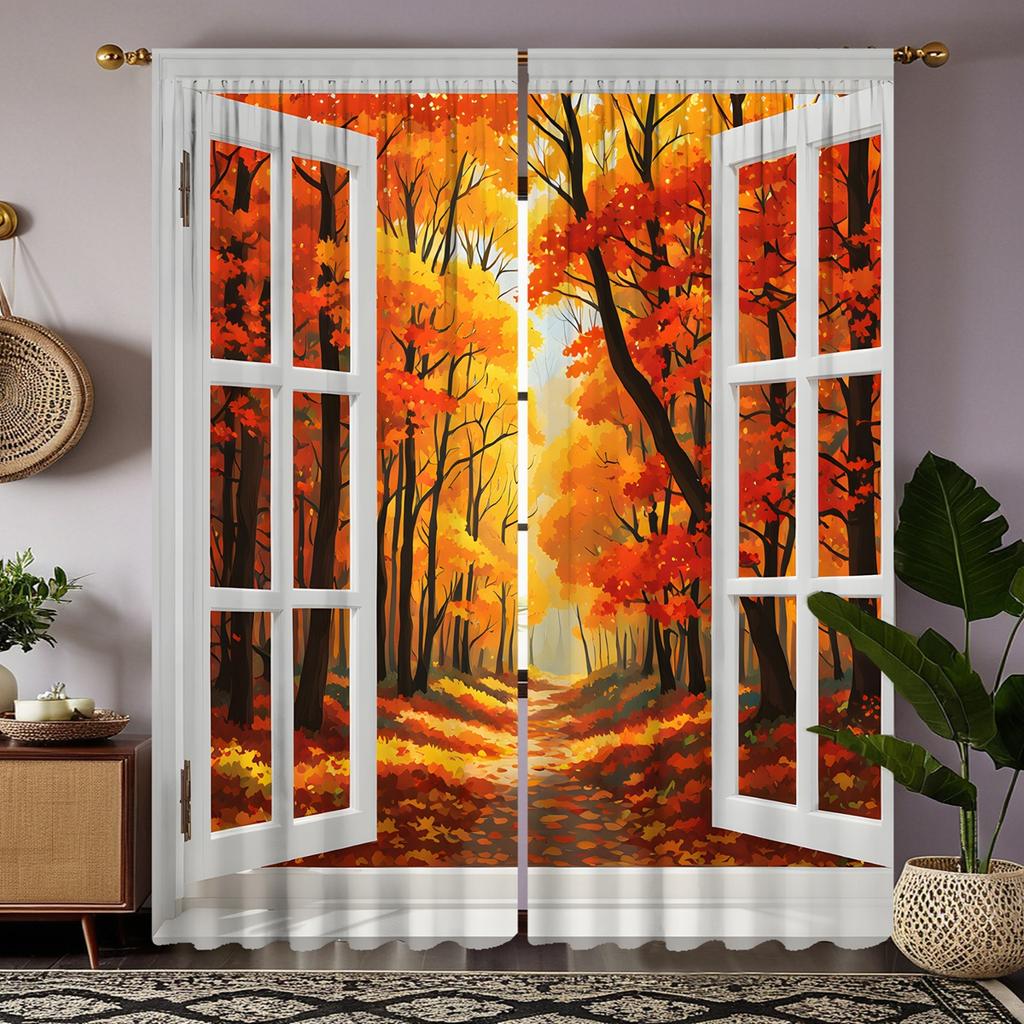 2 pieces of HD decorative curtain window Autumn Maple Leaf yellow tie digital printed curtain Home decoration style Decorate liv