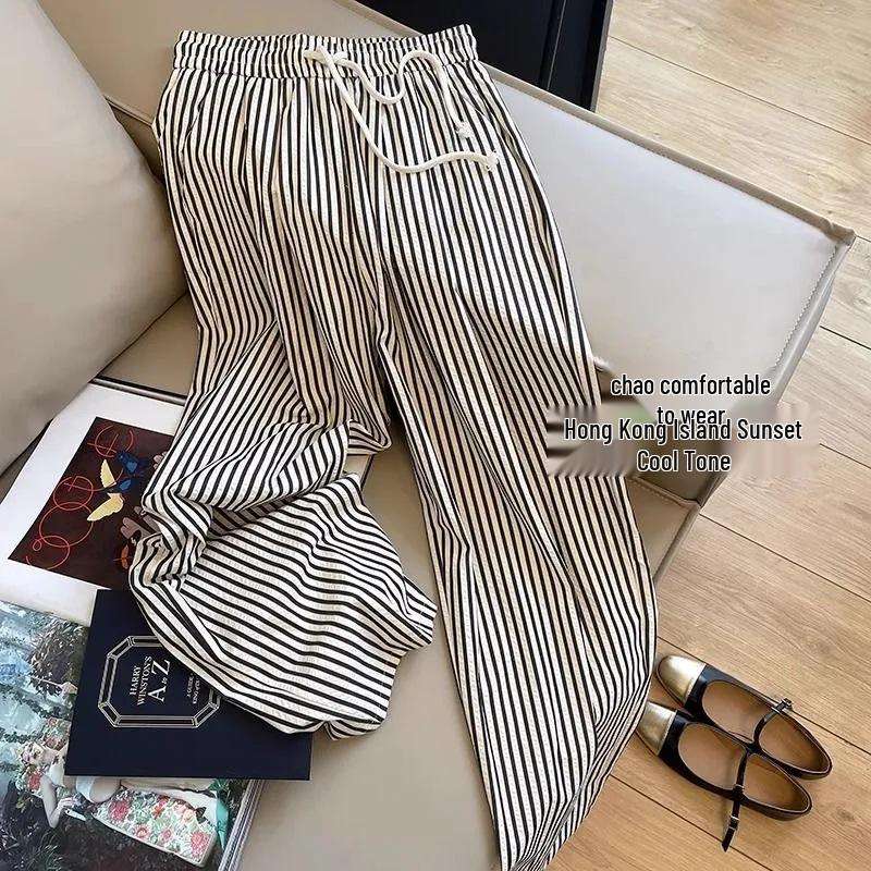 Women’s Summer 2026 Elastic Waist Striped Drawstring Casual Pants: Japanese & Korean Slimming Straight-Leg Style
