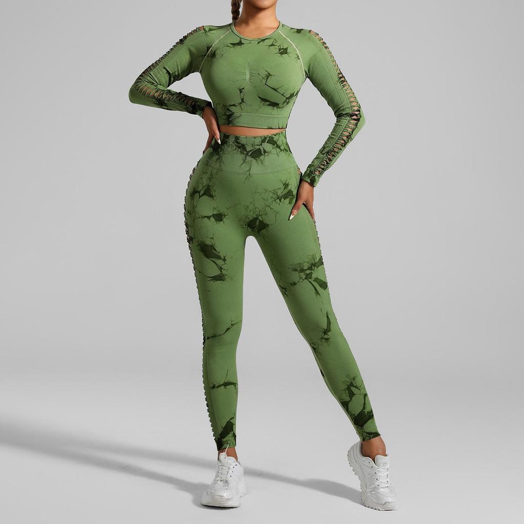 European American Tie-Dye Butt-Lift Yoga Set: Long Sleeve, Seamless Fitness Clothing with Hollow Out Design