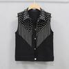 Women's Summer Korean-Style Plus Size Heavy-Duty Denim Vest with Fringe Chain Detail Slim-Fit Short Design Jacket