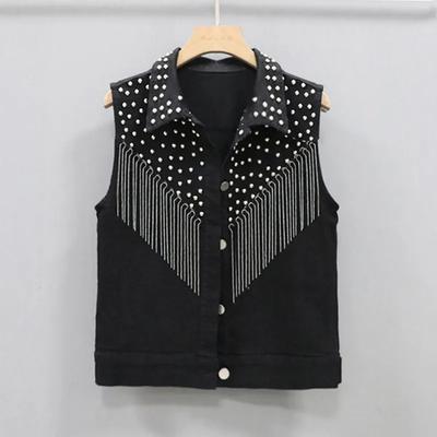 Dames Zomer Koreaanse Stijl Grote Maat Robuust Denim Vest met Franje Ketting Detail Slim-Fit Kort Ontwerp Jas
