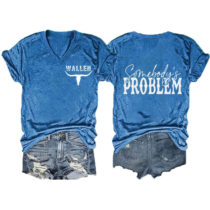 Women V‑Neck Short Sleeve T‑Shirt Double‑Sided Letter Print Casual Street Fashion Ladies Top S‑3XL