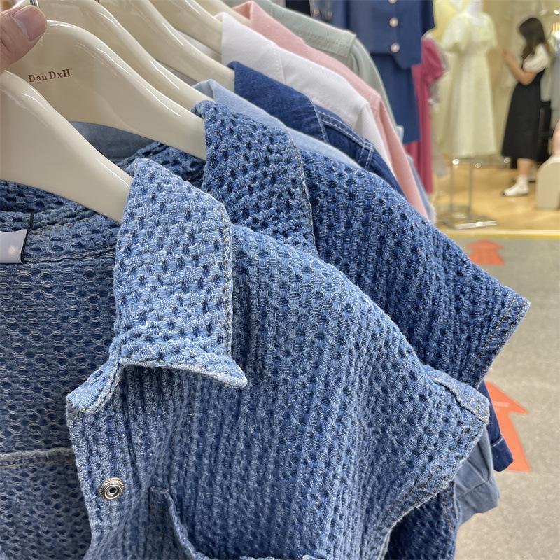 Women's Tweed-Style Denim Vest: Spring/Summer New Arrival, Loose Fit, Drawstring-Cinched Waist, Versatile Trendy Jacket