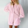 Fall Womens Printed Cotton Blouse And Shorts Set With Pockets For Casual Office Wear