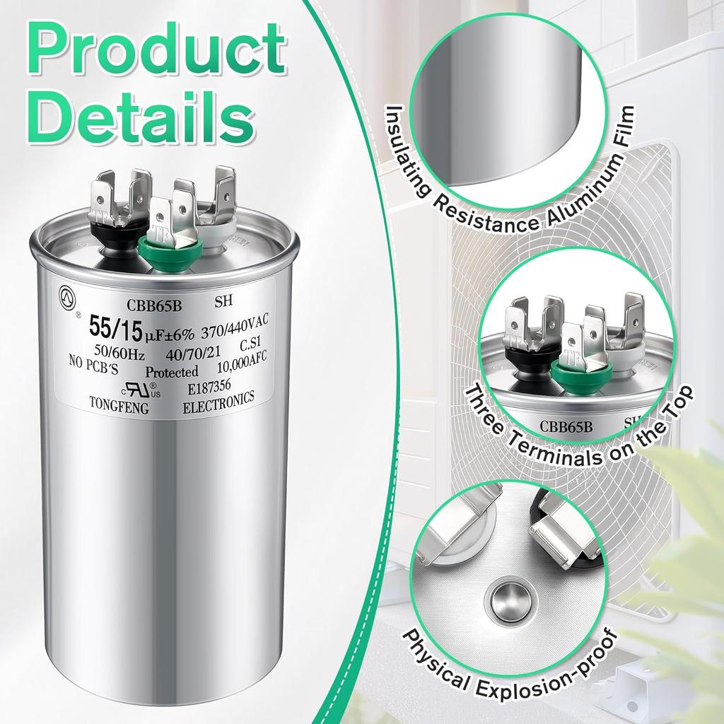 55+15 uF±6% 370/440V CBB65 Dual Run Round Capacitor for AC Motor, HVAC Capacitor, Air Conditioner Replacement, Heat Pump, Fan Start, Condenser