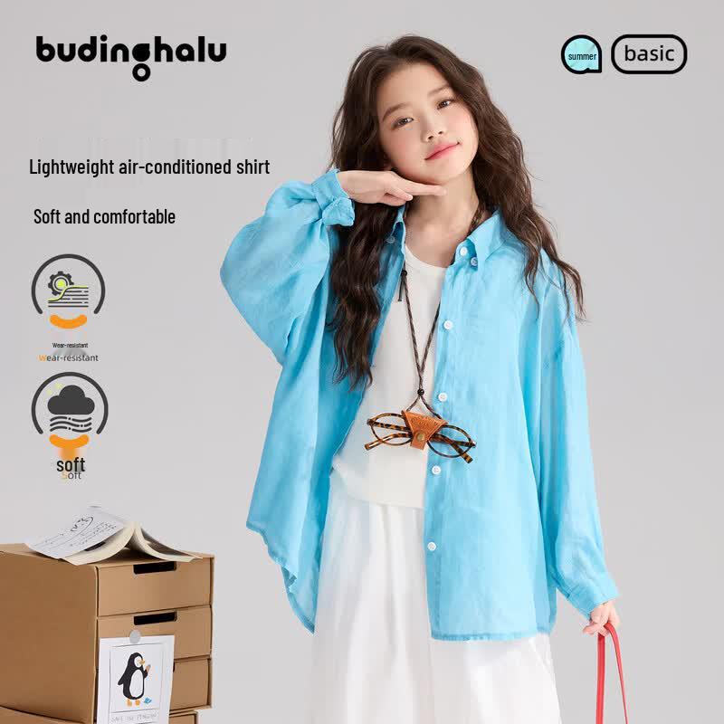 Pudding Haru Girls  Ice Blue Ramie Shirt 110