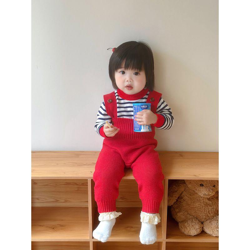 Ins Baby Boys and Girls Autumn Red Knitted Overalls Infant Festive One-Piece Romper Set 2025 New Style