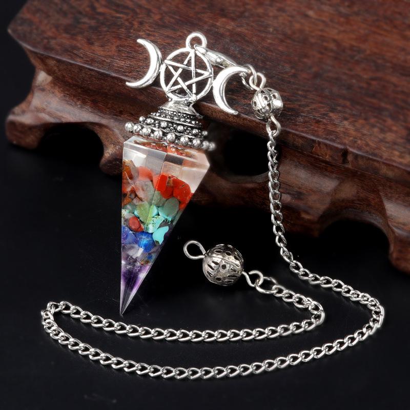 1690 Three-Phase Moon Seven Chakra Stone Resin Hexagonal Crystal Pendant Pendulum Cross-Border Jewelry