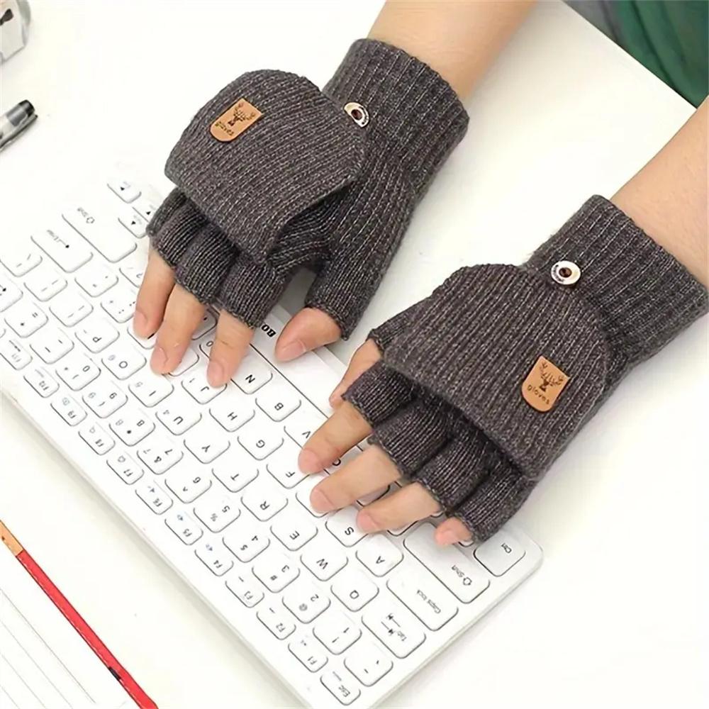 Men Women Winter Gloves Half Finger Open Flip Design Flap Warm Gloves Knitted Thickened Windproof Hand Cover Gifts for Outdoor