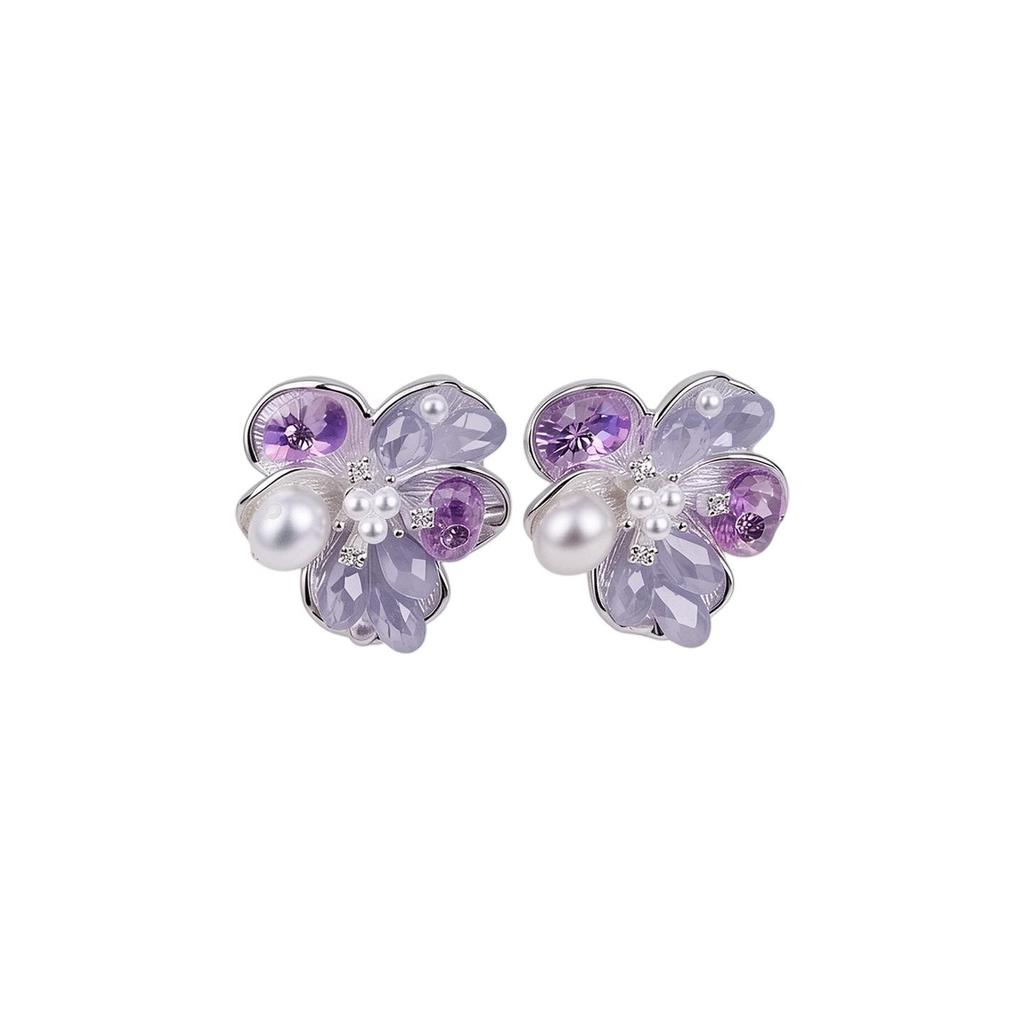 Silver Needle Zircon Pearl Crystal Flower Stud Earrings - Exquisite Light Luxury Jewelry