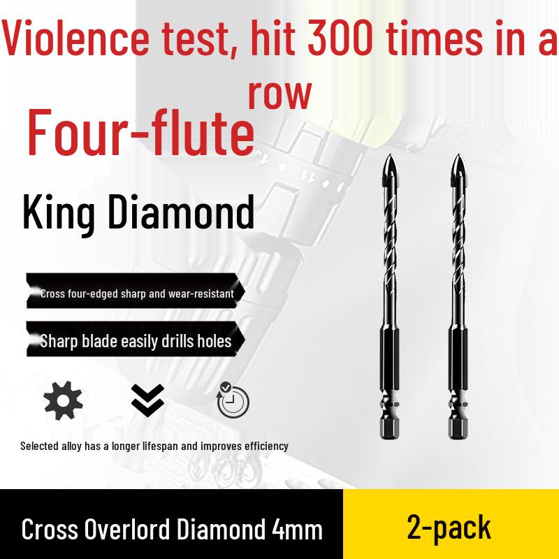Impact Hex Shank Four-Blade Cross King Drill Bit for Concrete, Tile, and Glass