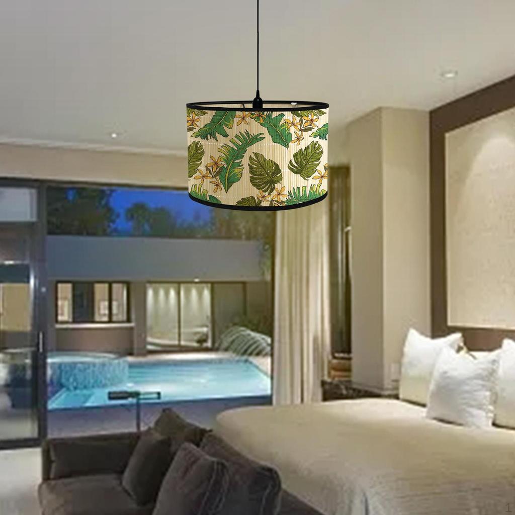 Bamboo E27 Lamp Shade with Leaves Pattern Accessory 11.8x7.8inch Farmhouse Cover for Bedrooms