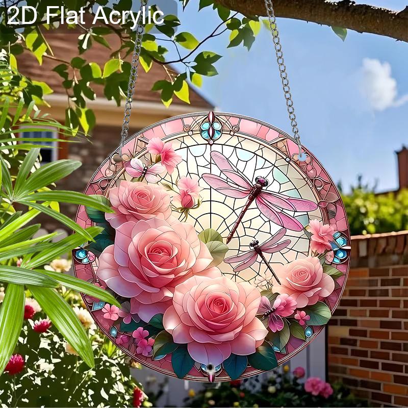 Acryl Rosa Rose Libelle Sonnenfänger Buntglas-Effekt Fensterhänge-Ornament Blumenliebhaber Geschenke