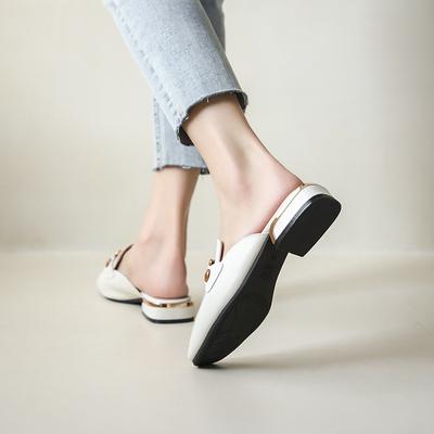 Leather Muller Shoes Bag Head Half-drag Sandals Spring and Summer New Square Head Single Shoes Thick Heel Cowhide Cool Slippers