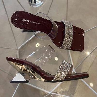 One-piece Shoes Thick-heeled Open-toe Slippers Square-toed Rhinestone Flip-flops High Heels