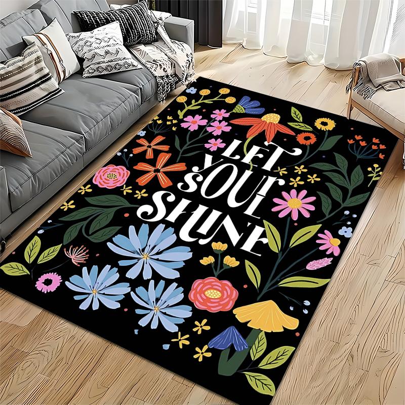 Floral Black Carpet with "Let Your Soul Shine" Text Design Suitable for Use As an Anti-slip for Living Room Bedroom Sofas