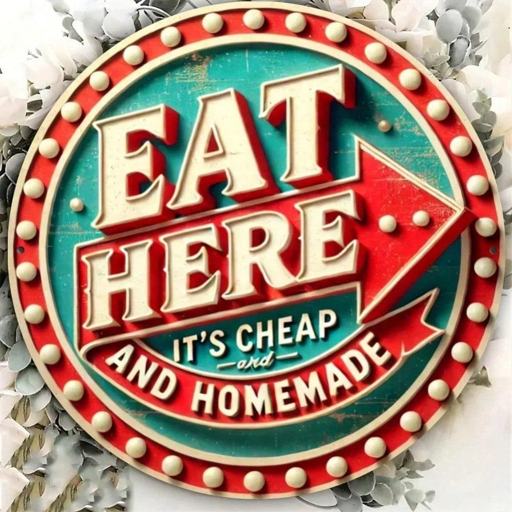 

Vintage Aluminum Sign EAT HERE Retro Kitchen Wall Decor Diner Style Gift with Holes 20x20 різнокольоровий