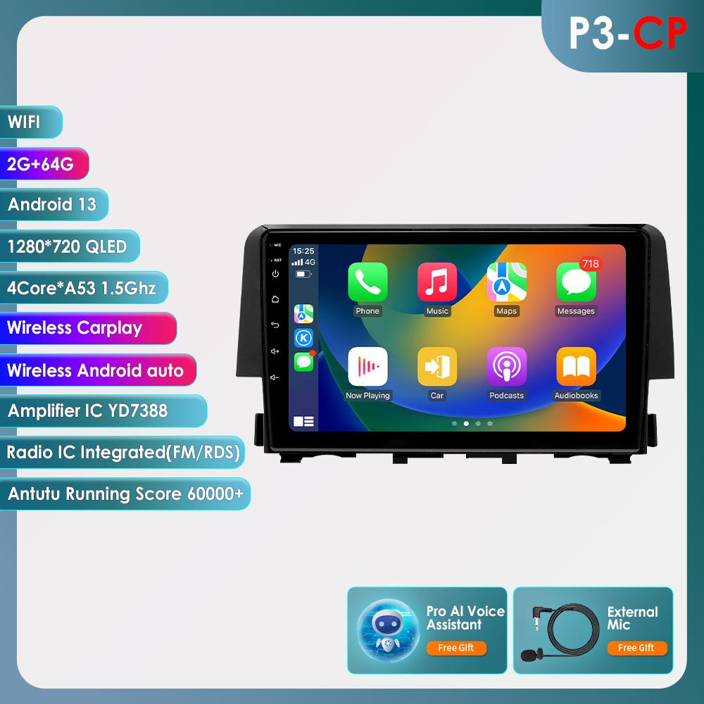 

OSSURET 2din Android Автомагнитола для Honda Civic 10-го поколения 2015 - 2021 Авторадио Мультимедийный Видеоплеер GPS Навигация Головное Устройство Интеллектуальный Carplay 4G BT P3CP 4Core 2G 64G AI