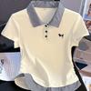 Damen Sommer Schlank geschnitten Patchwork Karomuster Polokragen T-Shirt