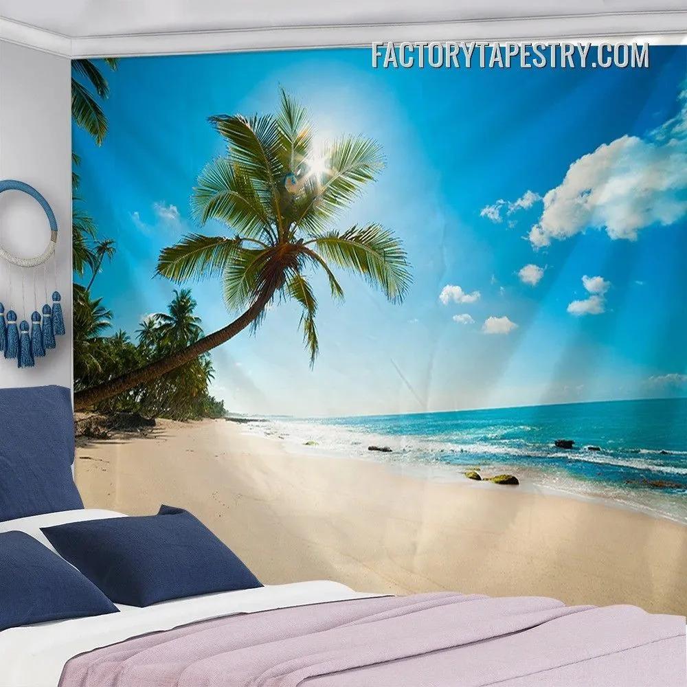 Tropical Beach Tapestry, Palm Tree Ocean View Wall Hanging, Summer Seaside Scenery Decor for Bedroom Living Room Dorm 100X70CM