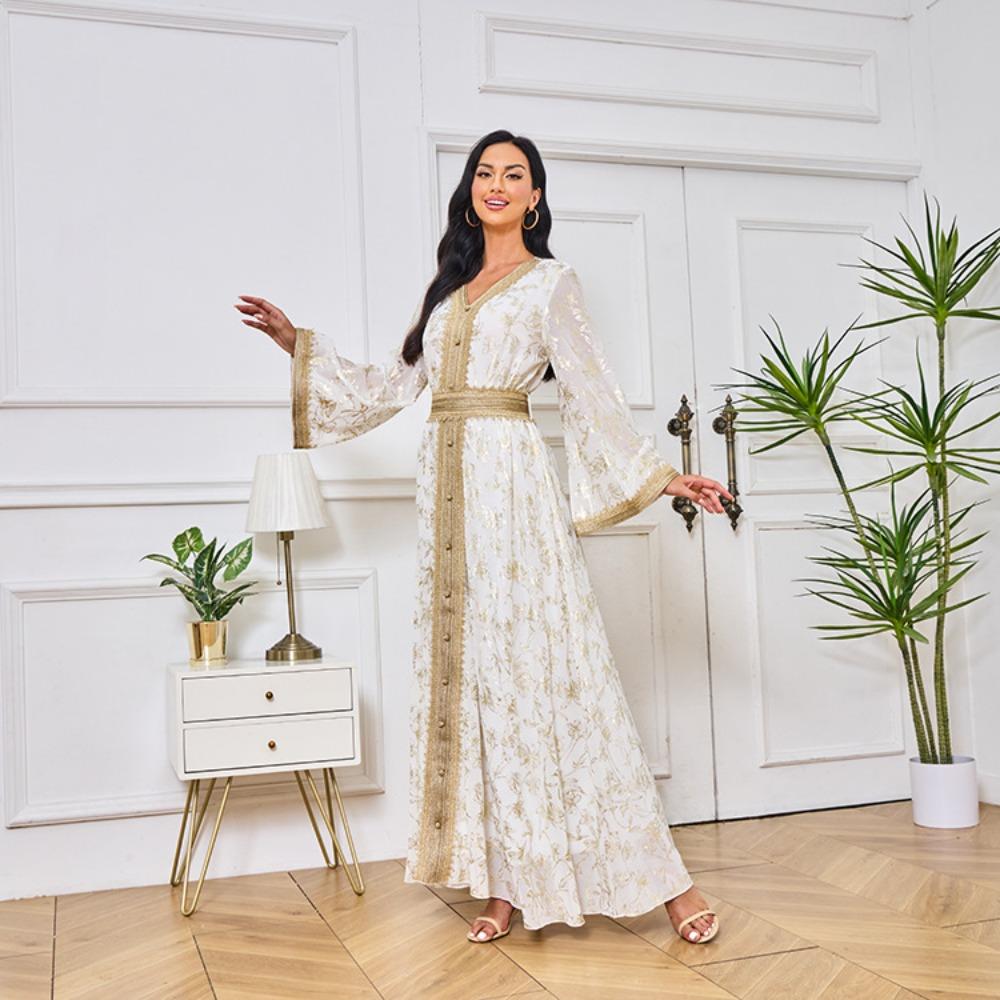 Women's Evening Gown: Stylish Long Dress Featuring Textured Floral Patterns and Gold Foil Accents